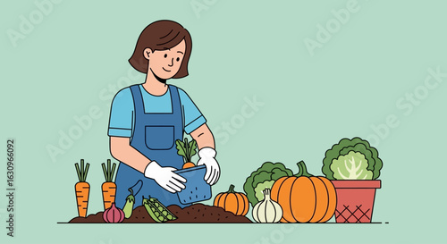 Joyful gardener harvests fresh organic vegetables, celebrating abundance from her thriving garden plot.