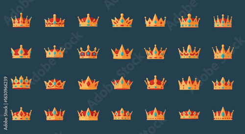 Discover regal elegance with this collection of golden jeweled crowns, perfect for royal themes and luxury designs.