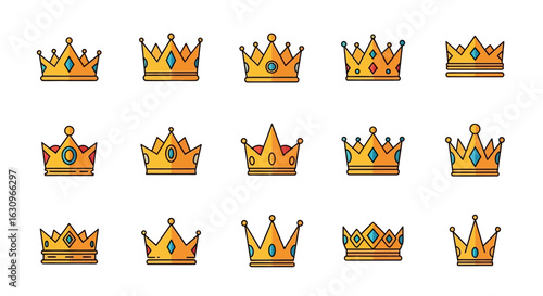 Discover regal elegance with this collection of diverse, stylized golden crowns, perfect for prestige and luxury themes.
