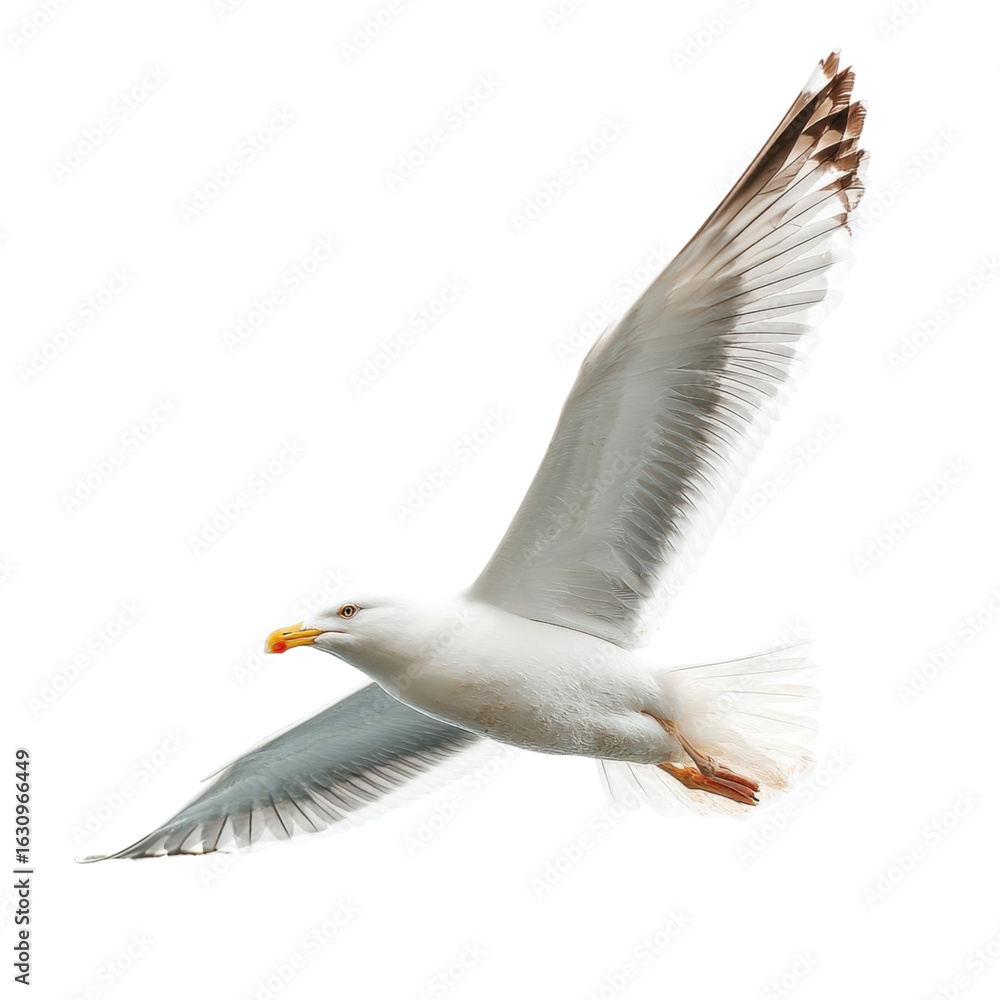 Obraz premium Majestic Seagull in Flight with Outstretched Wings Against Sky