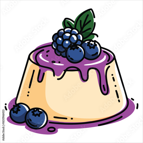 Delicious panna cotta with fruit sauce and berries in outline art, baked confectionery dessert ideal for sweet treats, food menus, and pastry visuals