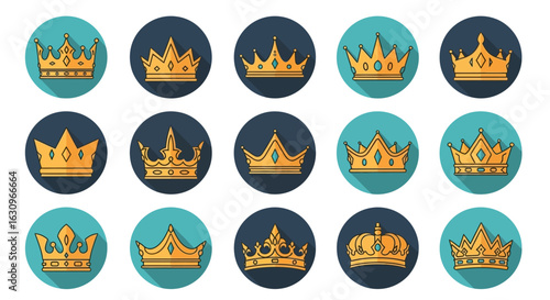 Symbol of regal authority and prestige, these golden crowns represent royalty, power, and success, perfect for luxury branding.
