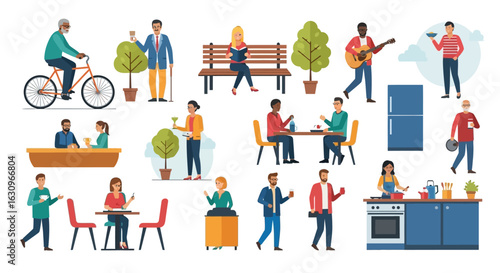 Diverse people enjoying everyday activities like cycling, dining, cooking, and socializing in various settings