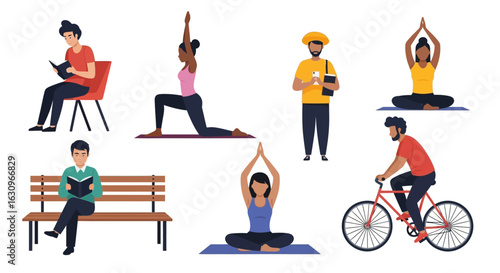 Diverse people enjoying leisure activities like reading, yoga, and cycling for a healthy lifestyle.