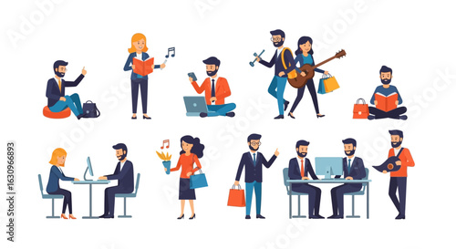 Diverse professionals engaged in various activities, showcasing modern work-life balance and collaboration.
