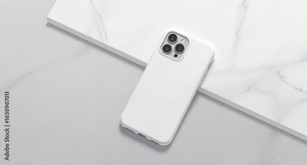 Fototapeta premium White Smartphone Case Mockup on Marble Background Product Presentation Clean Design Template