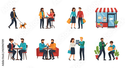 Diverse people enjoying everyday life moments like shopping dining and business meetings