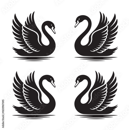 Four Black Swan Silhouettes with Open Wings on White Background bird waterfowl