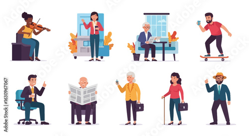 Diverse people enjoying various leisure activities and professional pursuits in modern settings