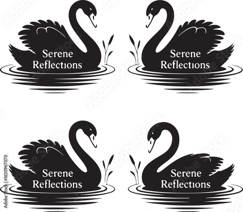 Four Serene Reflections Black Swan Logos with Reeds on White Background bird waterfowl