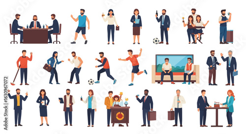 Diverse professionals engaged in business, sports, and social activities, showcasing collaboration and lifestyle.