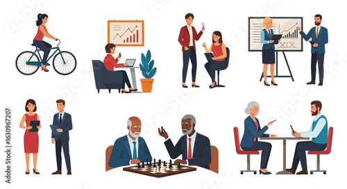 Diverse professionals collaborate, present, and strategize in various modern business settings and leisure activities.