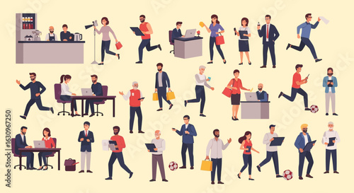 Dynamic professionals engage in diverse daily activities, showcasing modern business life and active pursuits.