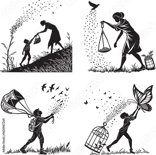 People releasing butterflies birds and plants silhouette