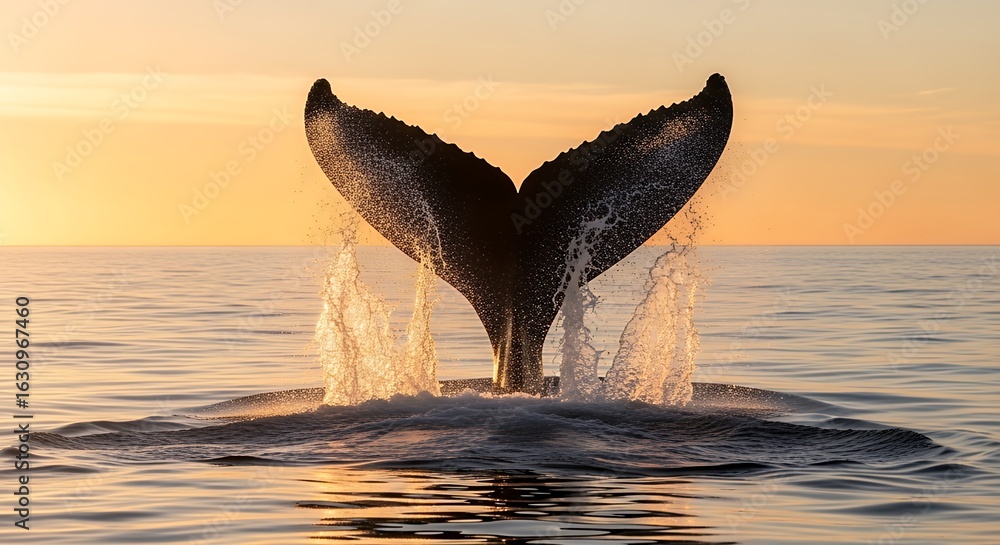 Fototapeta premium Humpback whale tail breaching the ocean surface at sunset, creating a splash.