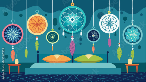 A of mismatched dream catchers hang above a bed each one unique and intricately designed.