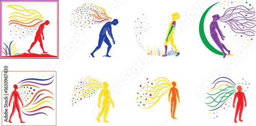 Human figures with colorful flowing hair and particles