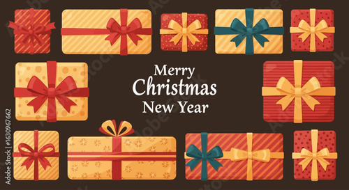 Vibrant Christmas and New Year gift boxes with festive ribbons create a joyful holiday celebration atmosphere