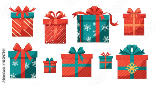 Vibrant collection of beautifully wrapped Christmas gift boxes with festive ribbons and bows