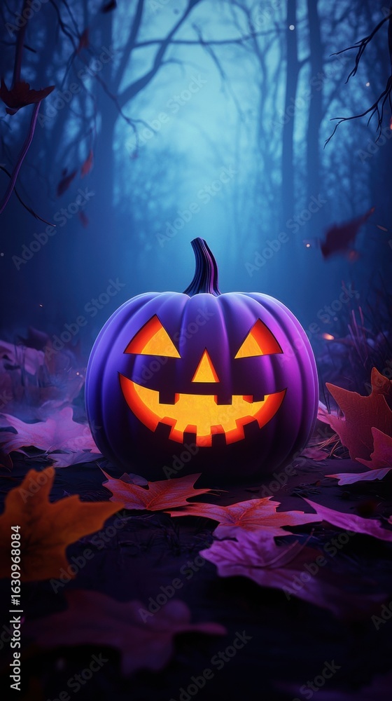 Naklejka premium Spooky Halloween pumpkin glowing in a misty forest