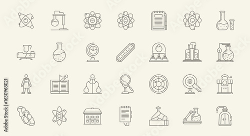 Discover scientific innovation with a collection of modern, versatile line art icons representing research and discovery.