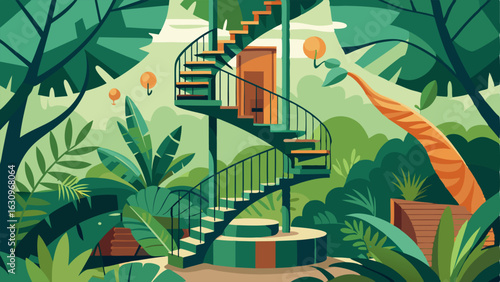 A loft apartment with a spiral staircase surrounded by greenery creating a whimsical and junglelike atmosphere.