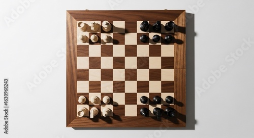 A top-down view of a wooden chessboard with chess pieces arranged in a strategic starting position, ready for a game.