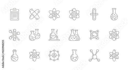 Modern science icons depicting atoms and laboratory flasks for research innovation and discovery