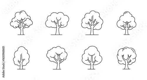 Diverse collection of simple line art trees perfect for nature projects and eco-friendly designs