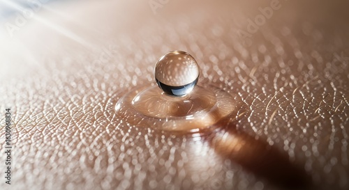 Close-up of a water droplet on skin, showing texture and light reflection.