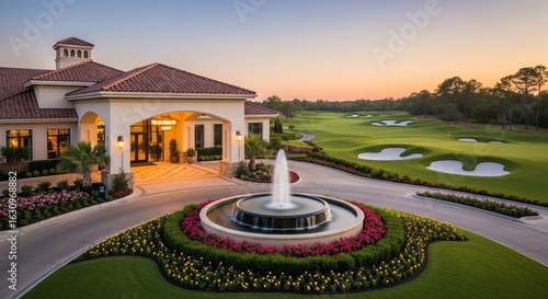 Luxurious golf clubhouse entrance with a beautiful fountain and a sprawling golf course at sunset.