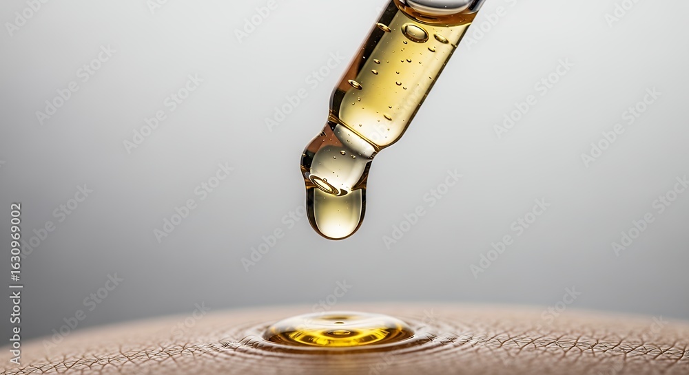 custom made wallpaper toronto digitalClose-up of a dropper dispensing golden liquid onto skin, creating ripples.
