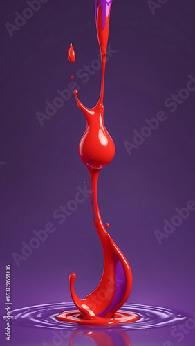 Vivid Red Paint Splash on Purple Background.