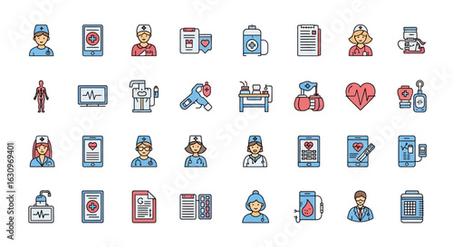 Modern medical icons for healthcare innovation, patient care, and digital health technology solutions