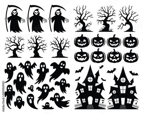 Spooky Halloween Collection: A black and white assortment of Halloween-themed graphic elements, featuring classic imagery.