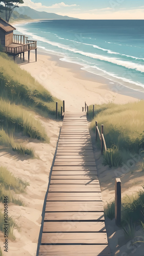 Wooden Boardwalk Leading to Serene Beach and Ocean.