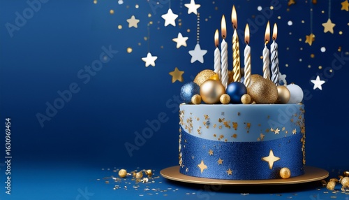 a birthday cake with gold and silver details on a royal blue background with space for text