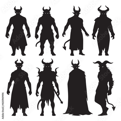  A set of 15 black silhouettes of demonic figures arranged in Silhouette white background. 