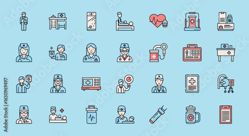 Modern medical icons showcase healthcare professionals, equipment, and patient care for innovative designs