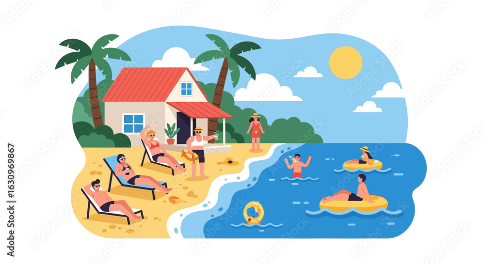 Obraz premium Joyful people enjoying sunny beach vacation, relaxing on lounge chairs and floating in the ocean