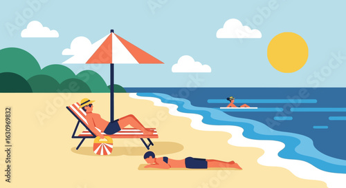 Relaxing beach vacation with sunbathing figures and calm ocean waves under a bright summer sun