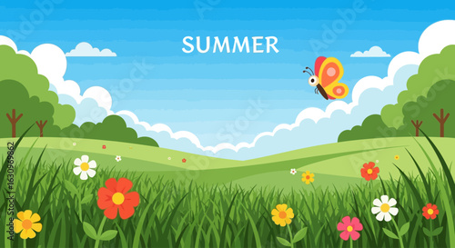 Vibrant summer landscape unfolds with colorful flowers, lush greenery, and a playful butterfly under a bright sky