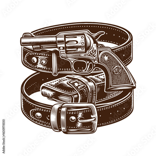 Western Gun Belt with Holster – Black and White Vector Illustration for Engraving and Tracing