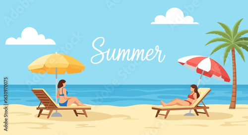 Relaxing beach scene with women sunbathing under umbrellas and palm tree