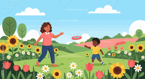 Joyful mother and son playing frisbee outdoors amidst vibrant sunflowers and blooming tulips on a sunny day