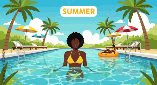 Joyful women relax by the pool, enjoying vibrant summer vacation vibes amidst palm trees and sunshine.