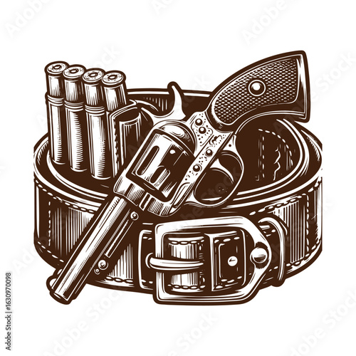 Western Gun Belt with Holster – Black and White Vector Illustration for Engraving and Tracing