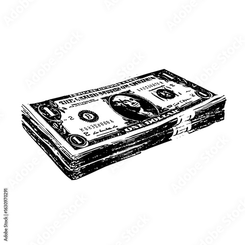 Vector Stacked currency depicts a bundle of one dollar bills.
