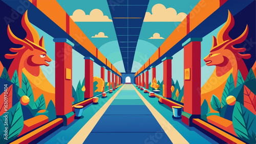 A long hallway lined with vibrant murals and sculptures leading to the departure gates.