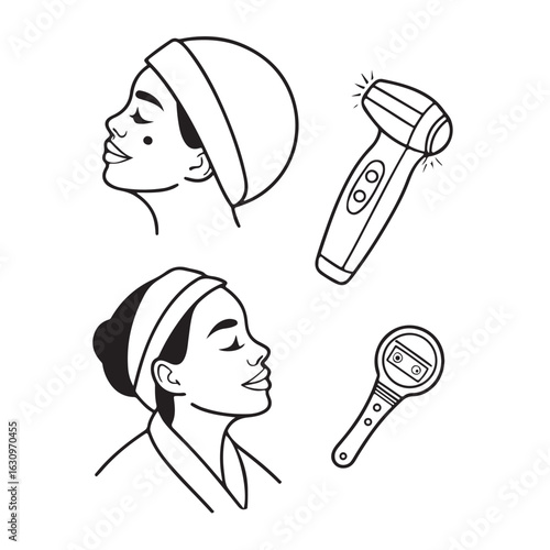 Close up profile view of two women with headbands alongside a facial epilator and a small grooming tool hand drawn illustration